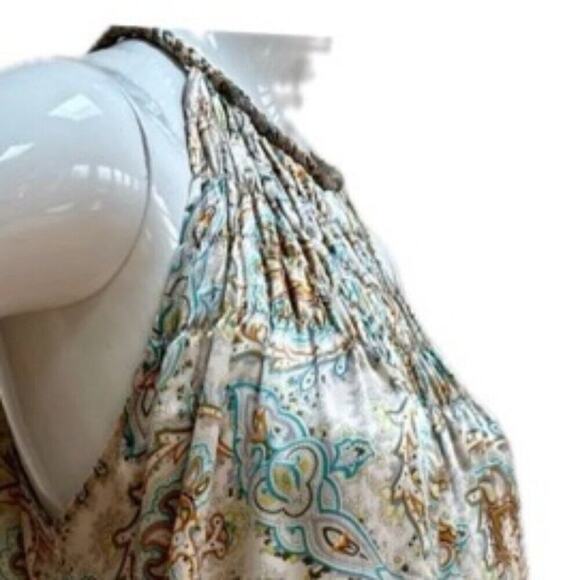 ZARA MINI DRESS TUNIC 100% SILK SMOCKED NECK HALTED PAISLEY ICONIC CHIC SZ M - Picture 6 of 16